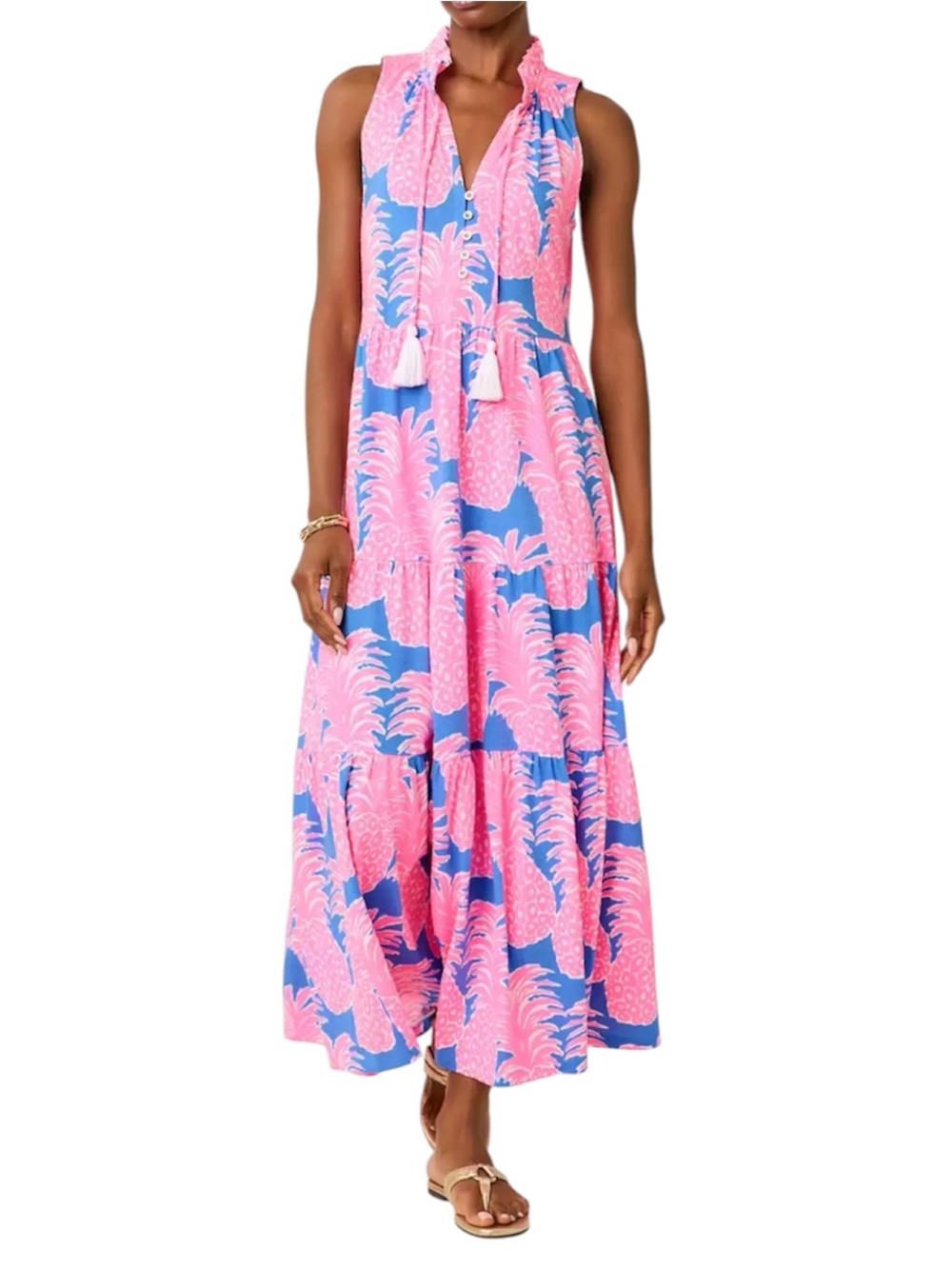 Lilly Pulitzer Malone Sleeveless Pink & Blue Printed Maxi Dress with Tassel Tie